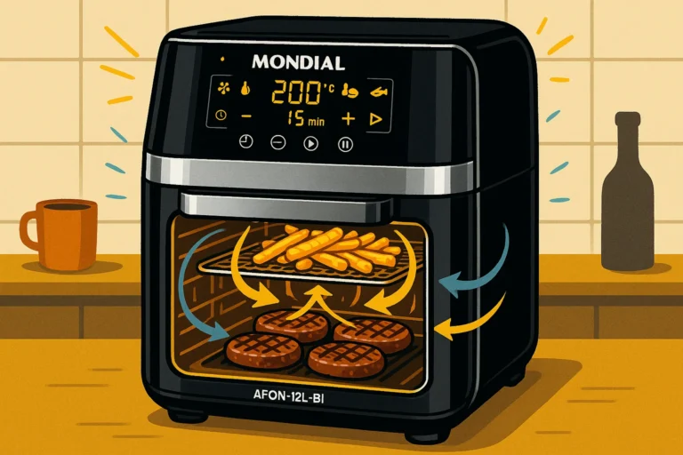 Ilustração da cozinha com Mondial AFON-12L-BI, destacando análise completa mondial afon e interior com alimentos assados