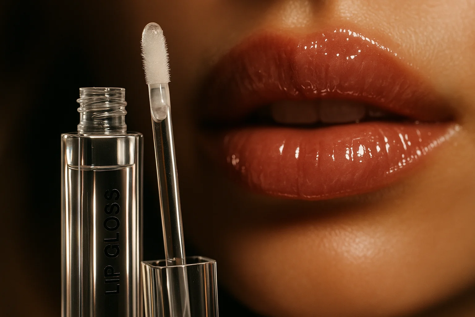 Imagem realista do gloss KIKO MILANO 3D Hydra Lipgloss com efeito espelhado e lábios brilhantes ao fundo