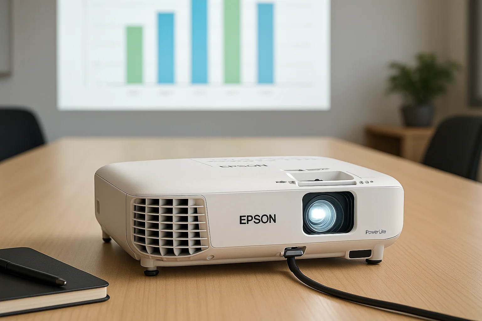 Imagem do projetor Epson Powerlite W01 em reunião, destacando sua portabilidade e conexões HDMI