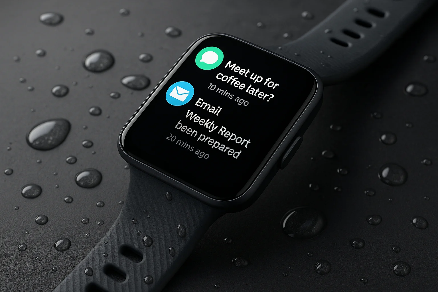 Renderização do review redmi watch 5 com tela, resistência à água e pulseira de silicone sobre superfície moderna