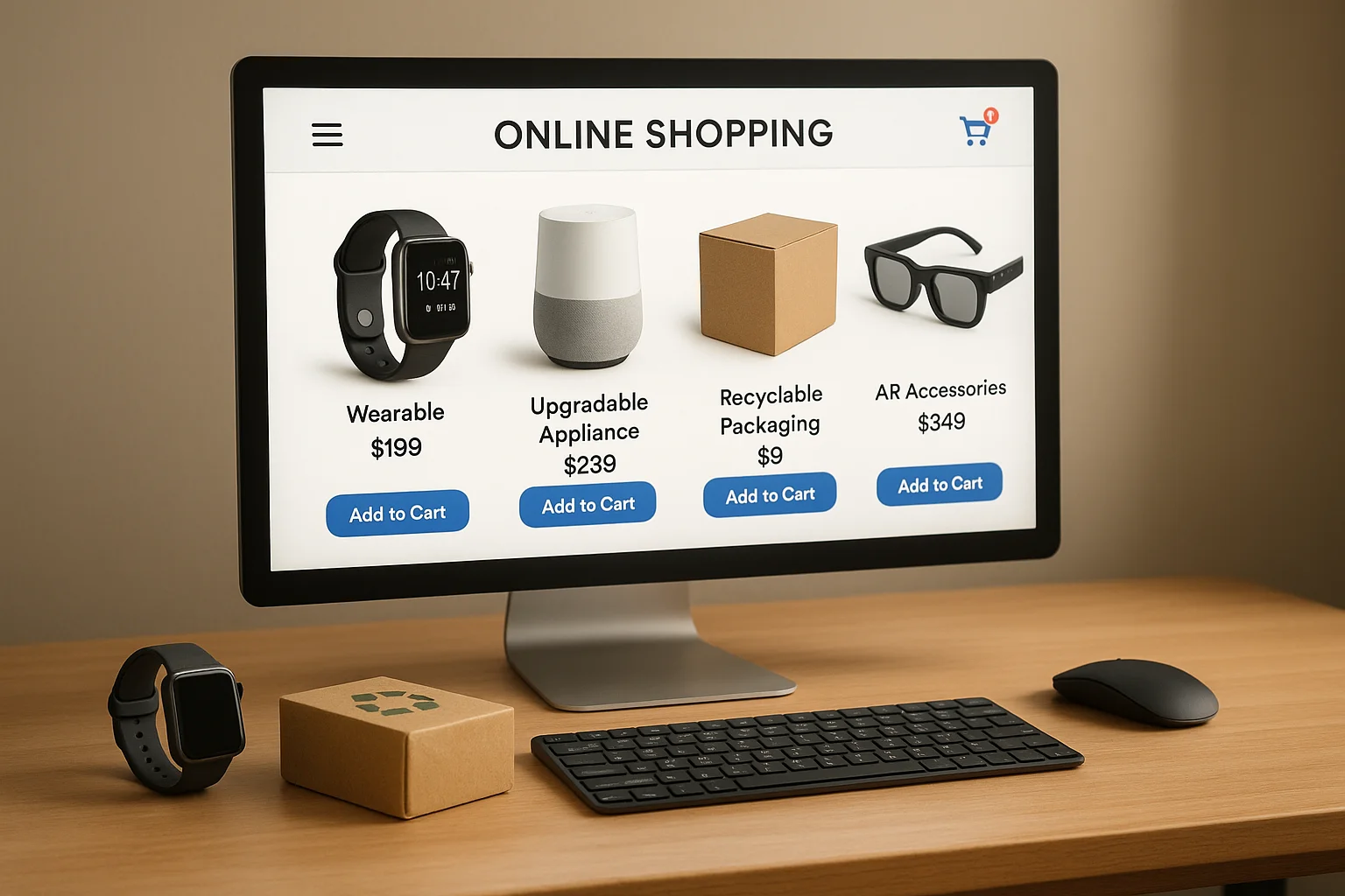 Imagem de uma mesa de compras online com produtos como wearables, eletrodomésticos atualizáveis e acessórios AR, destacando tecnologia e sustentabilidade, ideal para melhores produtos commerce 2025.