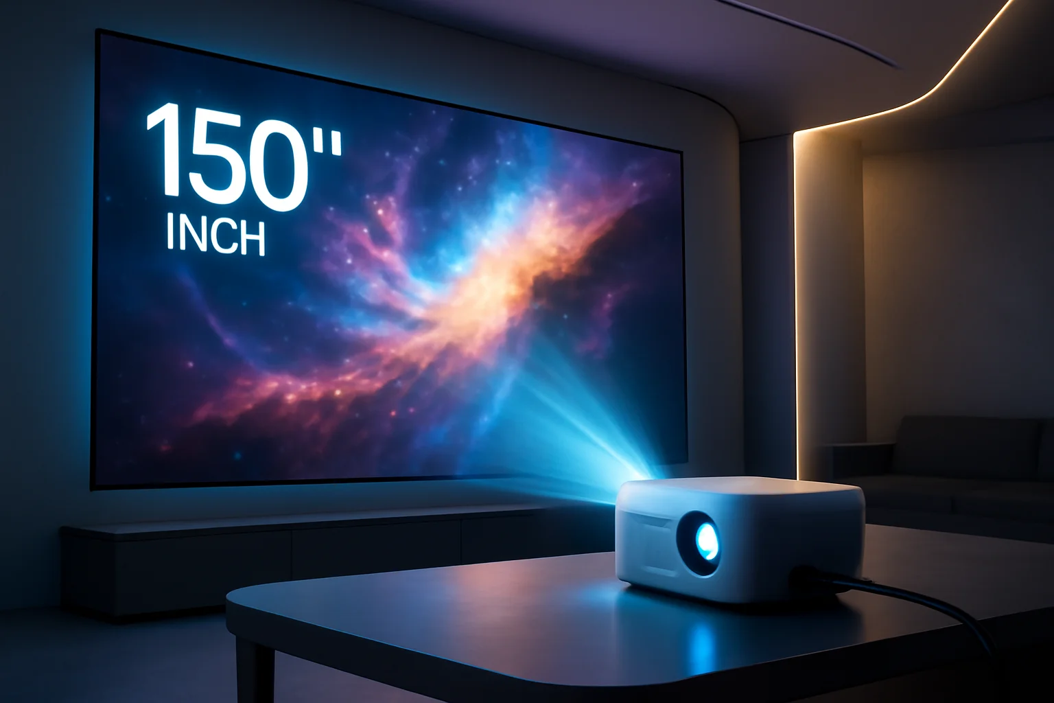 Projetor 4K compacto em uma mesa futurista, projetando tela de 150" com cores vibrantes e detalhes tecnológicos, ideal para review completo.