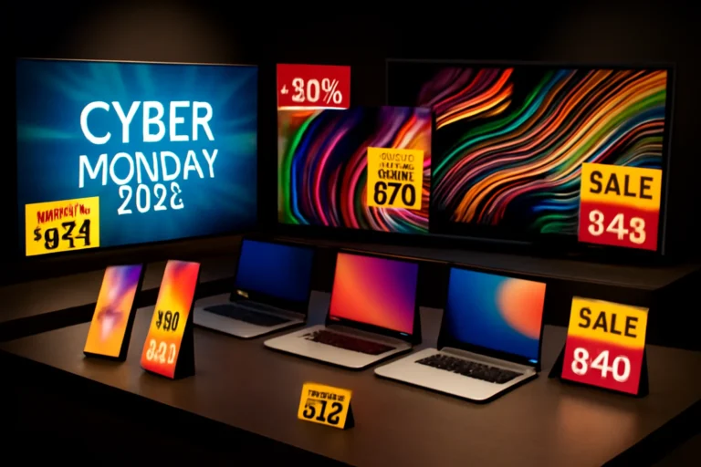 Imagem de eletrônicos com descontos exclusivos para a Cyber Monday 2025 últimas, exibindo smartphones, notebooks e Smart TVs com etiquetas promocionais.