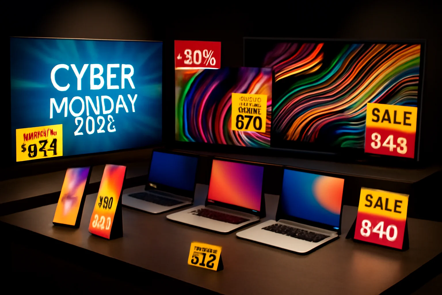 Imagem de eletrônicos com descontos exclusivos para a Cyber Monday 2025 últimas, exibindo smartphones, notebooks e Smart TVs com etiquetas promocionais.