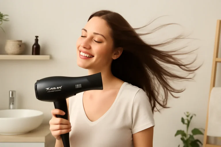 Mulher usando o secador Taiff Style 2000W no banheiro bem iluminado, cabelos ao vento e expressão de satisfação