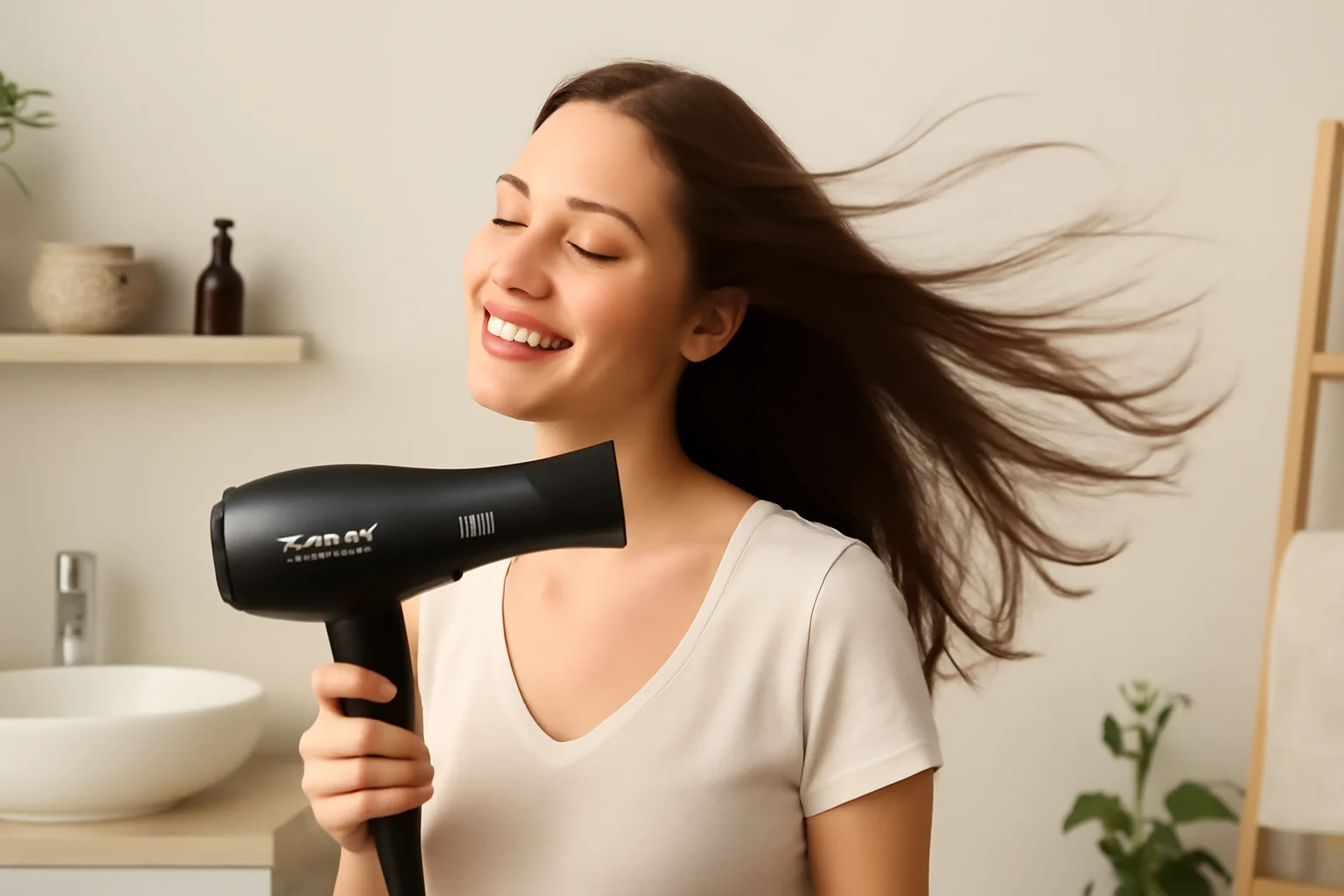 Mulher usando o secador Taiff Style 2000W no banheiro bem iluminado, cabelos ao vento e expressão de satisfação