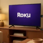Sala de estar com TV, Roku Streaming Stick HD 2025 na entrada HDMI e controle remoto