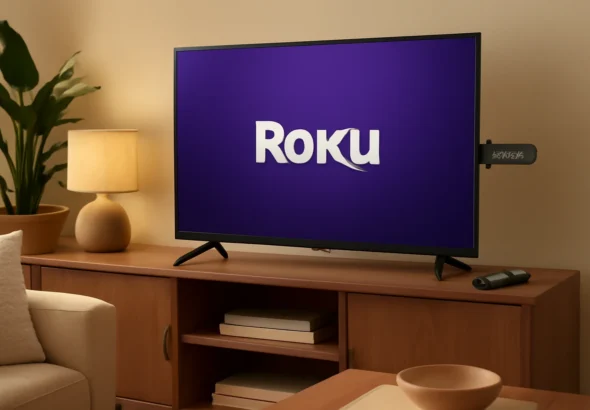 Sala de estar com TV, Roku Streaming Stick HD 2025 na entrada HDMI e controle remoto