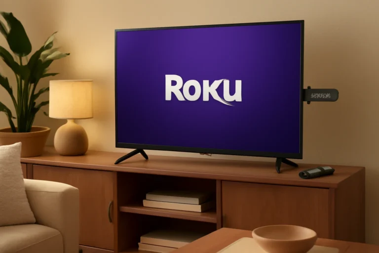 Sala de estar com TV, Roku Streaming Stick HD 2025 na entrada HDMI e controle remoto