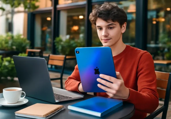 Pessoa jovem usando apple ipad 11 inch azul em café moderno ao ar livre com laptop e livros