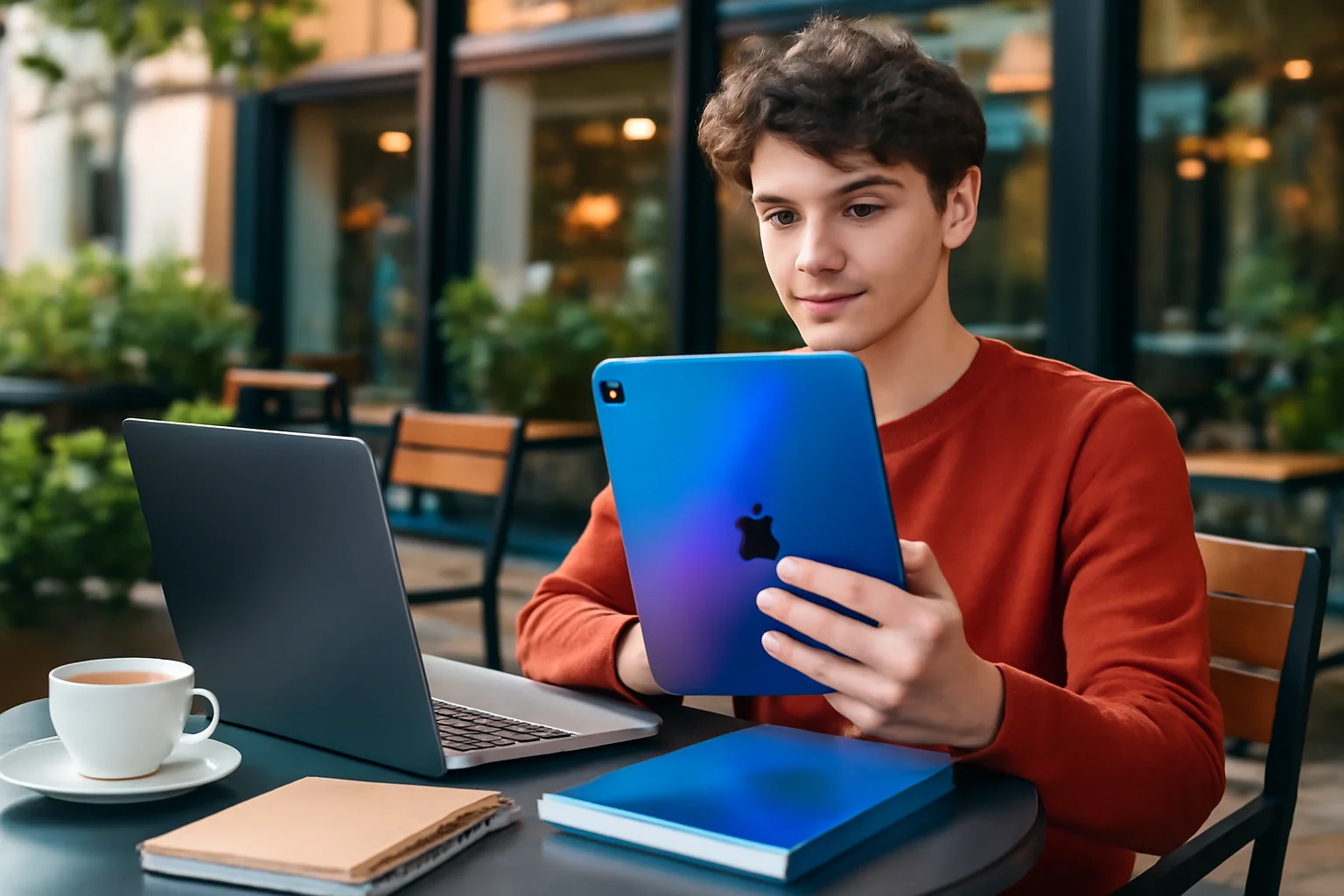 Pessoa jovem usando apple ipad 11 inch azul em café moderno ao ar livre com laptop e livros