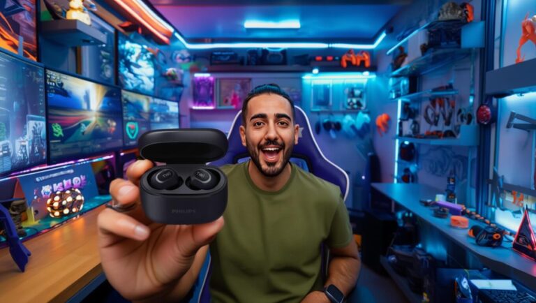 Pedro do Caça-Ofertas segurando o fone Bluetooth Philips TAT1109BK durante teste real