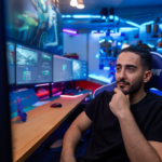 Pessoa em ambiente setup gamer observando tela de computador com alerta de golpe em loja falsa