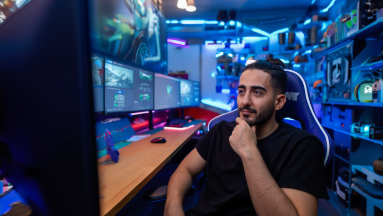 Pessoa em ambiente setup gamer observando tela de computador com alerta de golpe em loja falsa