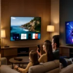 Cena de sala moderna com famílias assistindo às smart TVs 4K intermediárias Samsung, LG e TCL de destaque