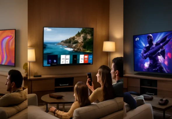 Cena de sala moderna com famílias assistindo às smart TVs 4K intermediárias Samsung, LG e TCL de destaque
