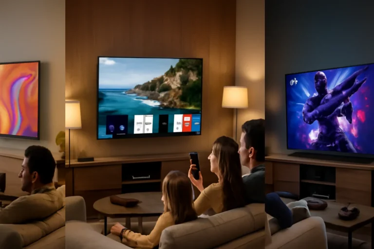 Cena de sala moderna com famílias assistindo às smart TVs 4K intermediárias Samsung, LG e TCL de destaque