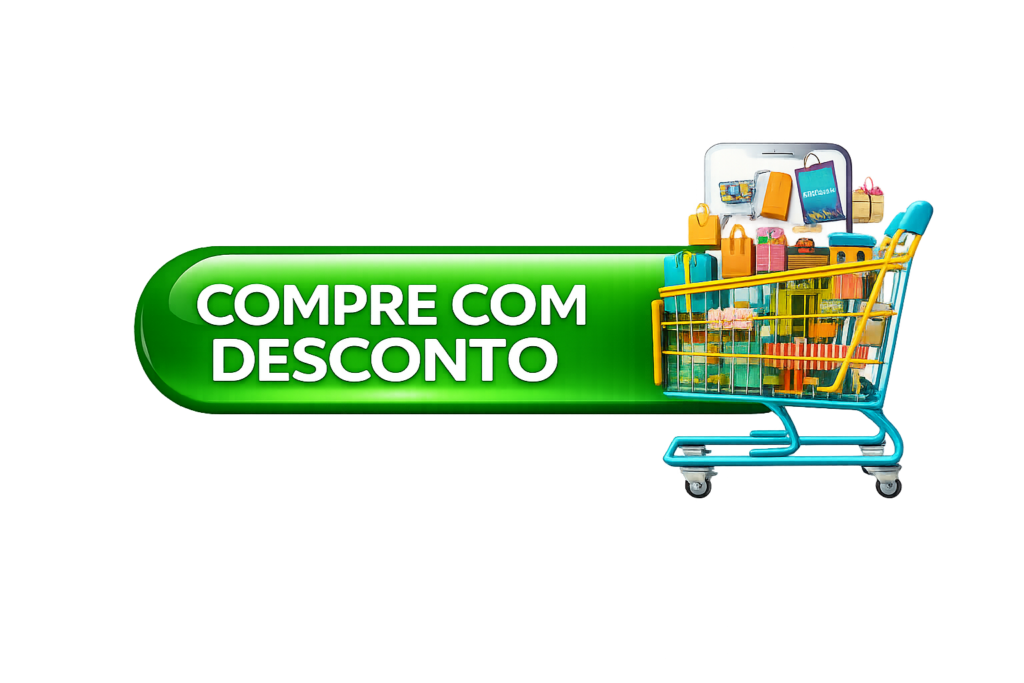 Botão verde com a frase “Compre com Desconto” e ícone de carrinho de compras, incentivando o usuário a acessar ofertas especiais.