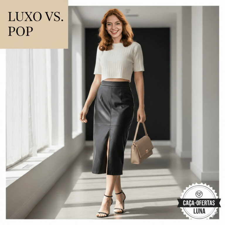 Luna, especialista do Caça-Ofertas, vestindo uma saia midi de couro ecológico preta com fenda e bolsa bege minimalista em um ambiente sofisticado.