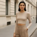 Imagem de capa com modelo usando luxo acessível 7 peças, ambiente urbano elegante e iluminação natural.