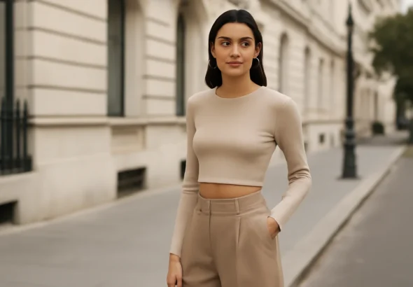 Imagem de capa com modelo usando luxo acessível 7 peças, ambiente urbano elegante e iluminação natural.