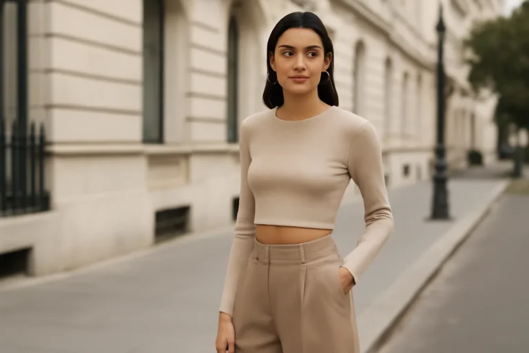 Imagem de capa com modelo usando luxo acessível 7 peças, ambiente urbano elegante e iluminação natural.