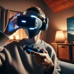 Jogador usando headset PlayStation VR2 nova geração e controles Sense em cena de gaming doméstico