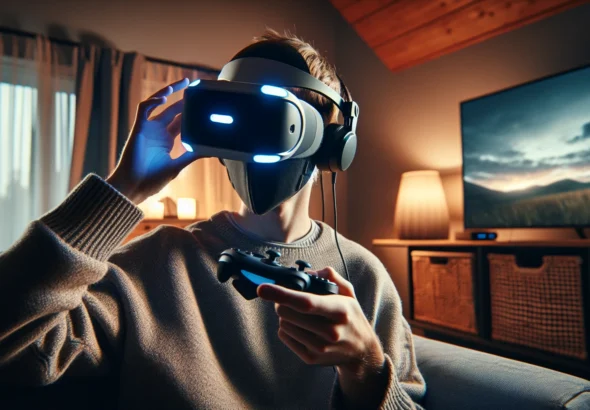 Jogador usando headset PlayStation VR2 nova geração e controles Sense em cena de gaming doméstico