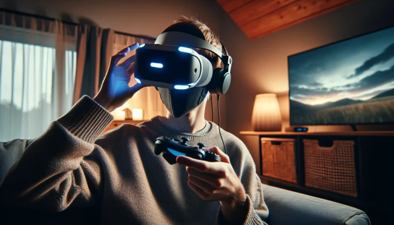 Jogador usando headset PlayStation VR2 nova geração e controles Sense em cena de gaming doméstico