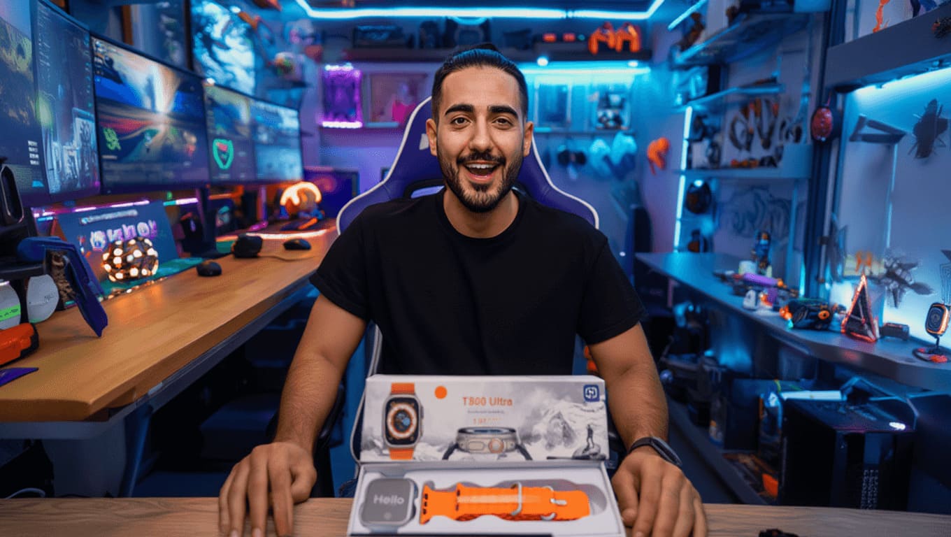 Review do smartwatch T800 Ultra da Shopee, mostrando o relógio inteligente e sua caixa em um setup gamer, destacando custo-benefício e recursos do modelo em 2026
