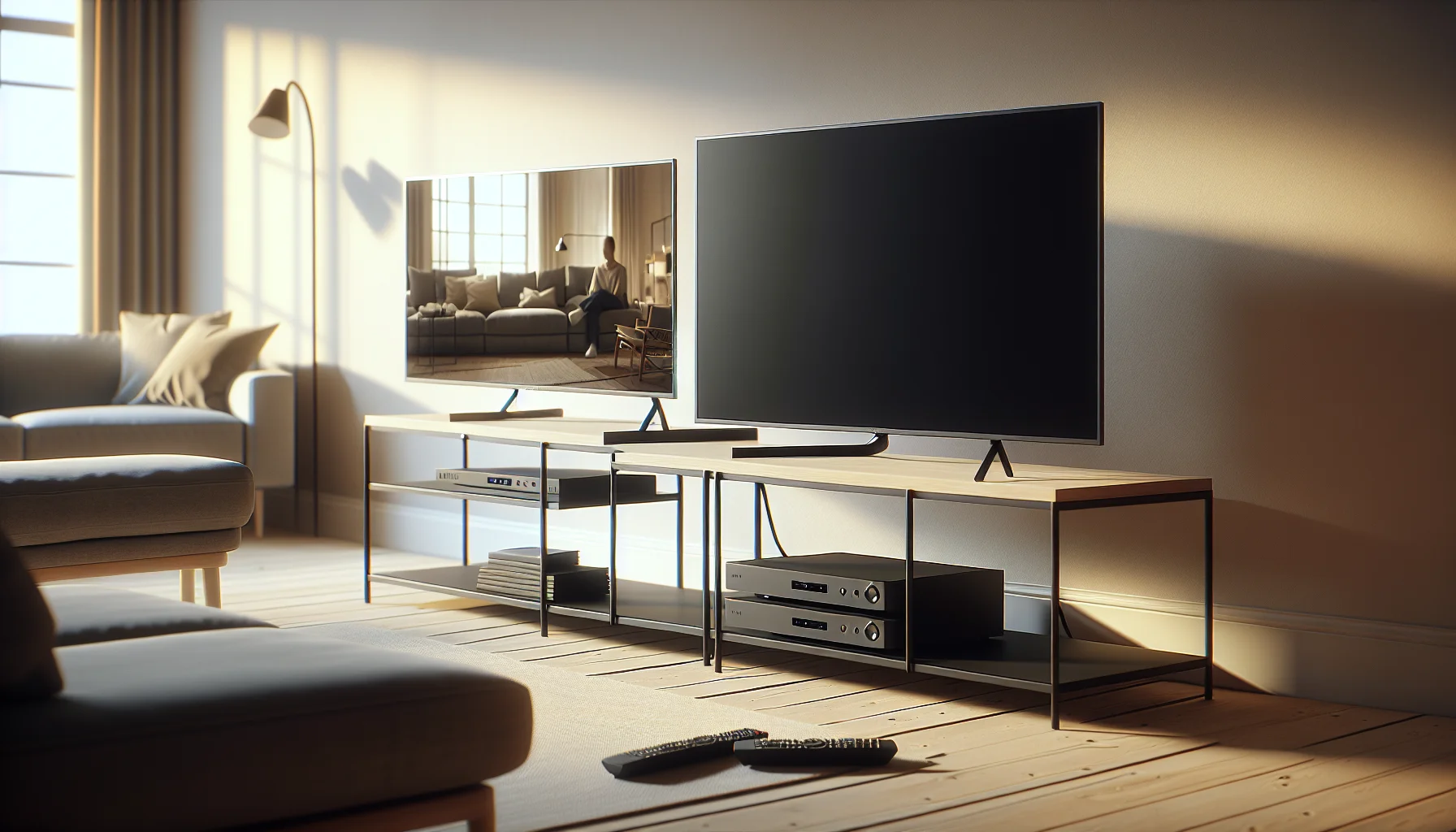 Duas smart TVs de 32 polegadas AOC com Roku em sala de estar moderna e elegante