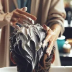 Close-up de uma cabeleireira aplicando máscara L’Óréal em fios danificados em salão com iluminação natural suave