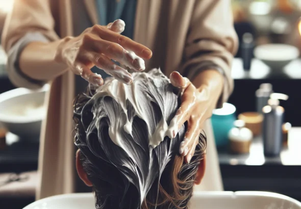 Close-up de uma cabeleireira aplicando máscara L’Óréal em fios danificados em salão com iluminação natural suave