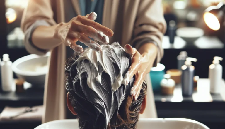 Close-up de uma cabeleireira aplicando máscara L’Óréal em fios danificados em salão com iluminação natural suave
