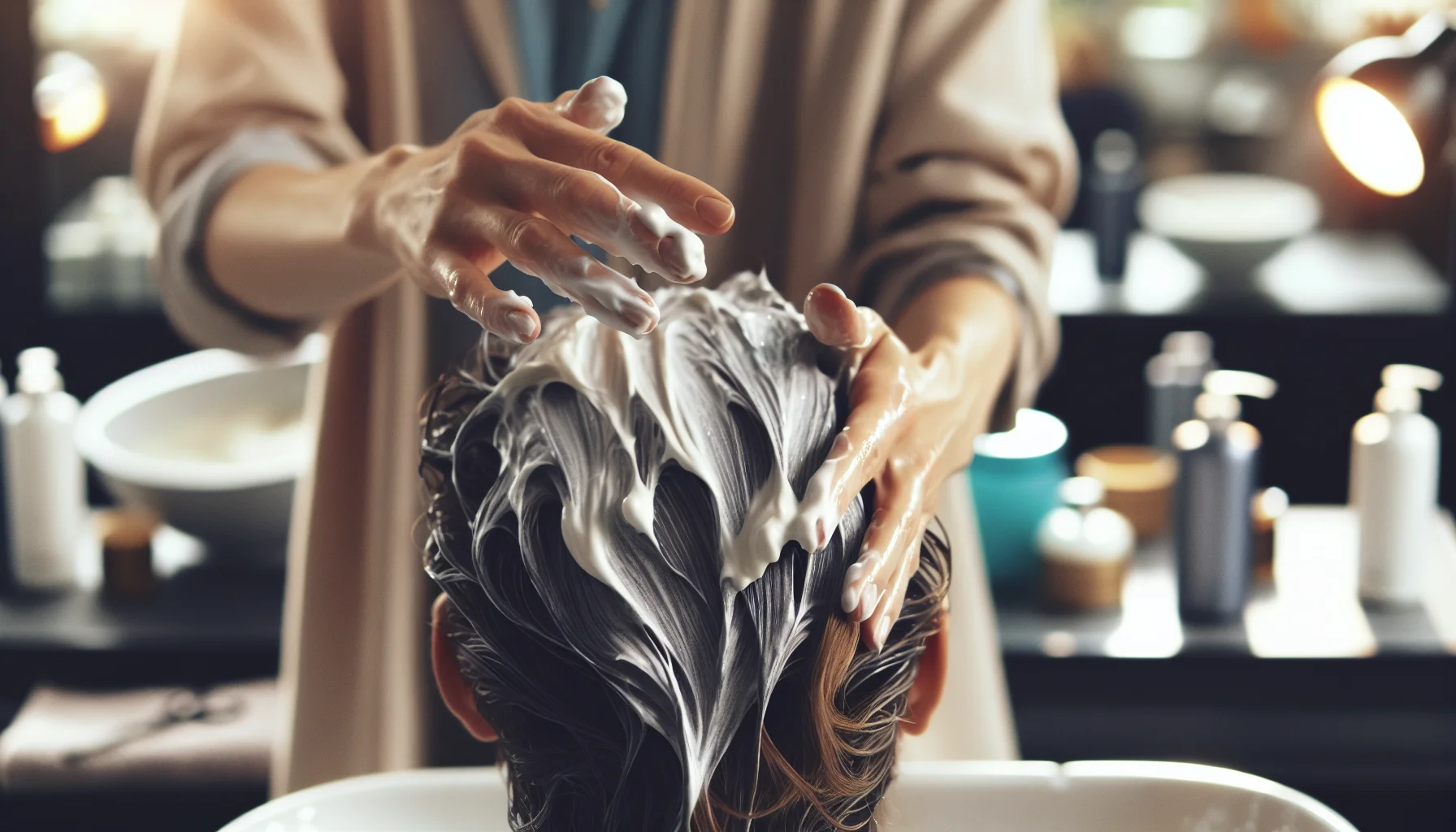 Close-up de uma cabeleireira aplicando máscara L’Óréal em fios danificados em salão com iluminação natural suave